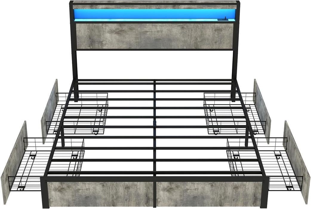 Full Size Bed Frame with Storage Headboard, Metal Platform Full Bed Frame Wood with 4 Drawers, LED Light, Charging Station, No Box Spring Needed, Noise Free, Easy Assembly, Grey