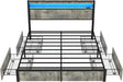 Full Size Bed Frame with Storage Headboard, Metal Platform Full Bed Frame Wood with 4 Drawers, LED Light, Charging Station, No Box Spring Needed, Noise Free, Easy Assembly, Grey