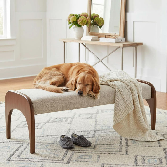 Modern 51" Wide Ottoman Bench, Long Entryway Bedroom Bench with Solid Wood Legs and Sherpa Upholstered Dining Bench Storage Bench for Living Room Indoor, Kitchen, Beige