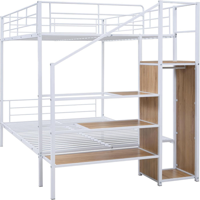 Full over Full Metal Bunk Bed with Storage Ladder and Wardrobe, Modern Iron Bunk Bed Frame with Built-In Shelves and Guardrails for Bedroom, White
