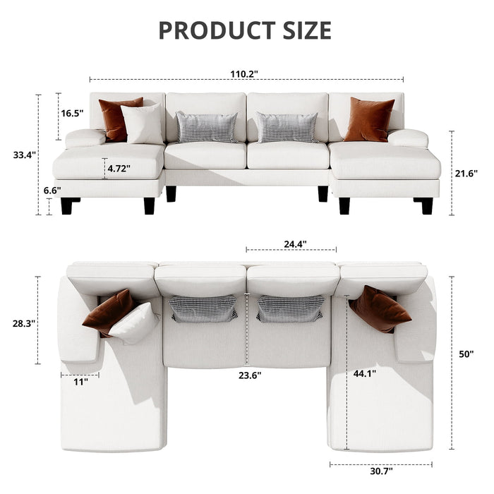 U-Shaped Sectional Sofa with Chaise, 4 Seats Chenille Fabric Sofa for Living Room, White