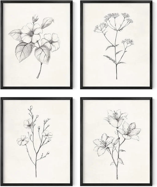 Grey Floral Wall Art - Set of 4 Plant Posters for Wall Vintage, Botanical Prints, Black and White Wall Art Flower Pictures for Room Aesthetic, Farmhouse Bathroom Art (8X10, Unframed)