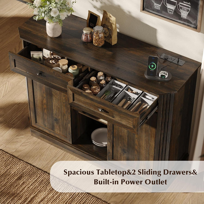 47" Wine Bar Cabinet with LED Light & Power Outlets, 2 Door Coffee Bar Cabinet with 2 Drawers, Sideboard Buffet Cabinet with Storage, Liquor Cabinet for Home Bar, Kitchen Living Room, Walnut Brown