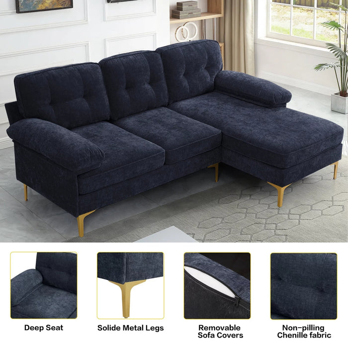 Convertible Sectional Sofa Couch, L-Shaped Couch with Reversible Chaise Lounge, Chenille Fabric Modern Sofa for Living Room, Apartment, Office, 3 Seats, Dark Blue