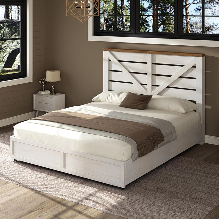 Full Size Farmhouse Bed Frame with 4 Drawers, Wooden Storage Bed Frame with Headboard and Heavy Duty Metal Slats, Noisy Free, Easy Assemble, White/Barnwood