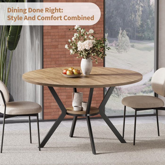Round Dining Table for 4, 42 Inch Farmhouse Kitchen Table with Storage, Rustic Wooden Circle Dinner Pedestal Table with Metal Legs, Space Saving Kitchen & Dining Room Furniture, Natural Wood