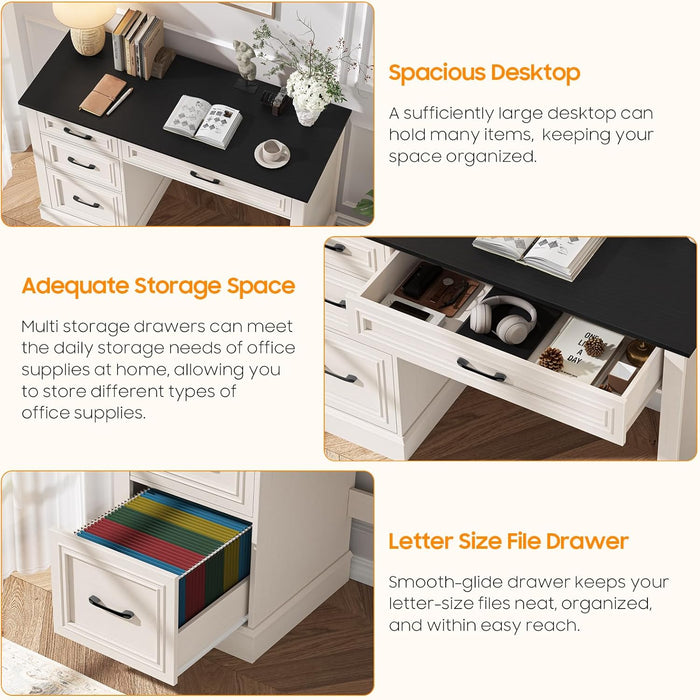 Farmhouse 47" Executive Desk with 3 Drawers and Adjustable File Drawer, Workspace for Home Office and Study, Black.