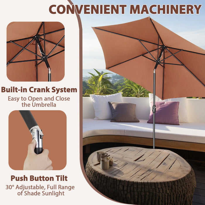 9Ft Outdoor Patio Umbrella 6 Ribs W/ Tilt & Crank Patio Table Umbrella for Patio, Garden and Poolside- Coffee