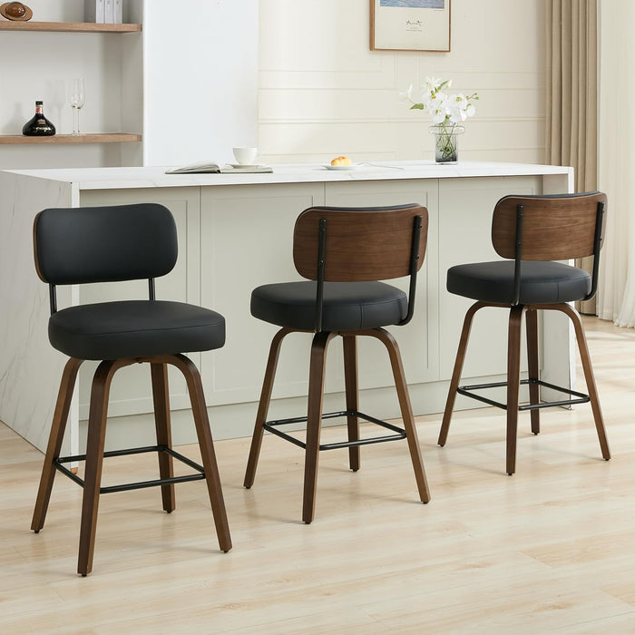 Swivel Bar Stools Set of 4, 26" Upholstered Counter Height Bar Stools with Back and Walnut Wood Legs, Faux Leather Barstools for Kitchen Counter, Black