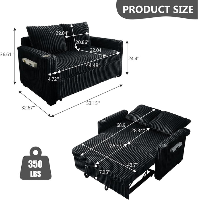 53 Inches Black CorduroyFabric SleeperSofa USBPort