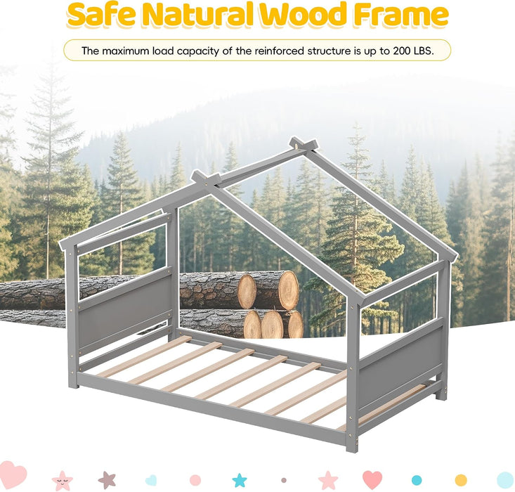 Grey 81InchLength Solid Pine TwinHouseBed Montessori