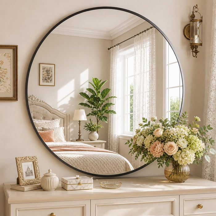 40 Inch round Mirror, Black Metal Frame Wall Mirror for Bathroom