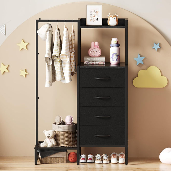 Black Dresser with Hanging Rack - Small Closet with 4 Fabric Storage Drawers, 44" H Dresser with Clothes Rack, Chest of Drawer, Kids Dressers for Bedroom, Entryway, Living Room, Sturdy Frame