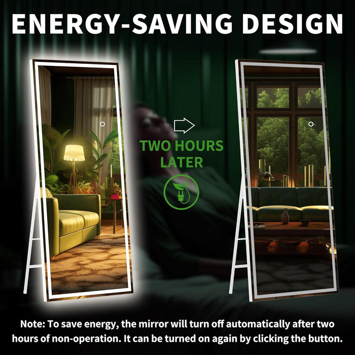 Full Length Mirror with Lights, 75" X 28" LED Lighted Floor Standing, Full Body Dressing Hanging Mounted Mirror, Tempered Glass, Square White