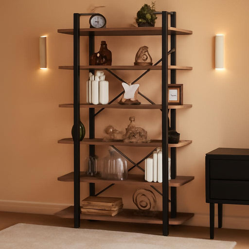 Tall Bookcases and Book Shelves 6 Shelf, Metal Wooden Book Shelf and Storage Rack, Modern Etagere 6 Tier Bookshelf, Farmhouse Large Display Bookshelves for Bedroom Living Room Office, Rustic Oak