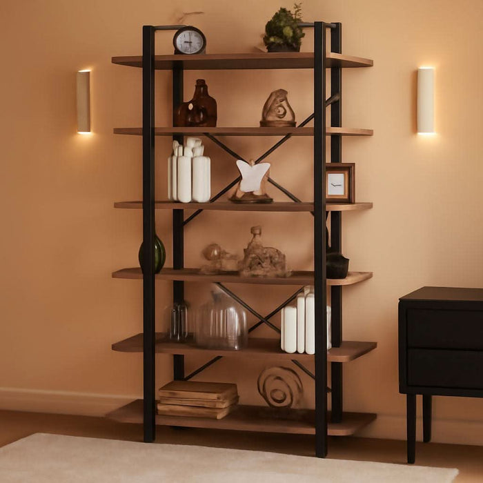 Tall Bookcases and Book Shelves 6 Shelf, Metal Wooden Book Shelf and Storage Rack, Modern Etagere 6 Tier Bookshelf, Farmhouse Large Display Bookshelves for Bedroom Living Room Office, Rustic Oak