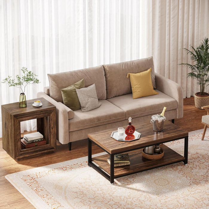 Rustic Wood End Table, 2 Tiered Square Side Table with Storage Shelf, Industrial Sofa Side Table for Living Room, Entrance (Rustic Brown) (1)