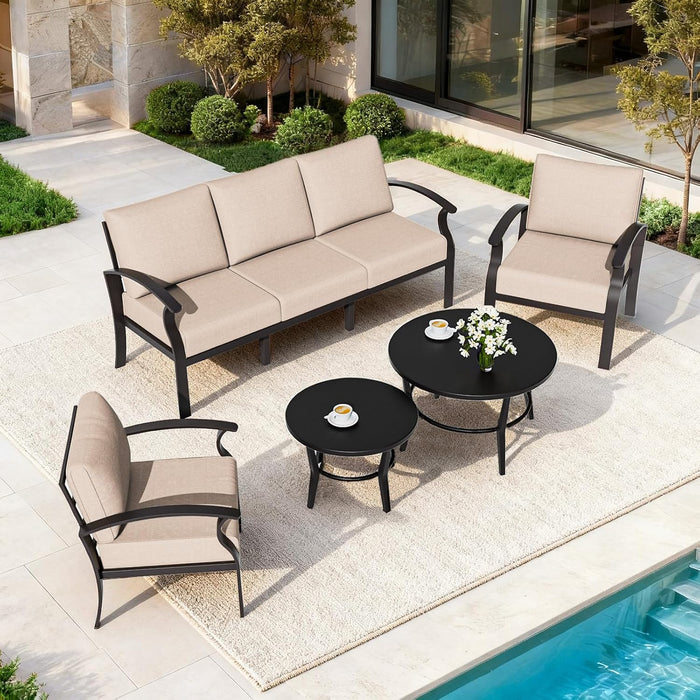 Aluminum Patio Furniture Set with round Coffee Tables, 5-Seat Outdoor Sectional Furniture W/5.1" Cushions, Patio Conversation Set for Porch, Backyard, Poolside-Sand