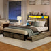 Full Size Bed Frame with Storage Headboard, Metal Platform Full Bed Frame Wood with 4 Drawers, LED Light, Charging Station, No Box Spring Needed, Noise Free, Easy Assembly, Grey