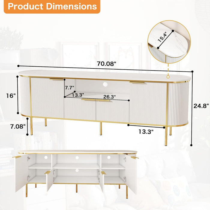 White Tv Stands for Living Room: 70" Tv Console Table with Storage, Modern Entertainment Center with Doors, Fluted Media Console Cabinet with Metal Legs (White, 70 Inch TV Stand)