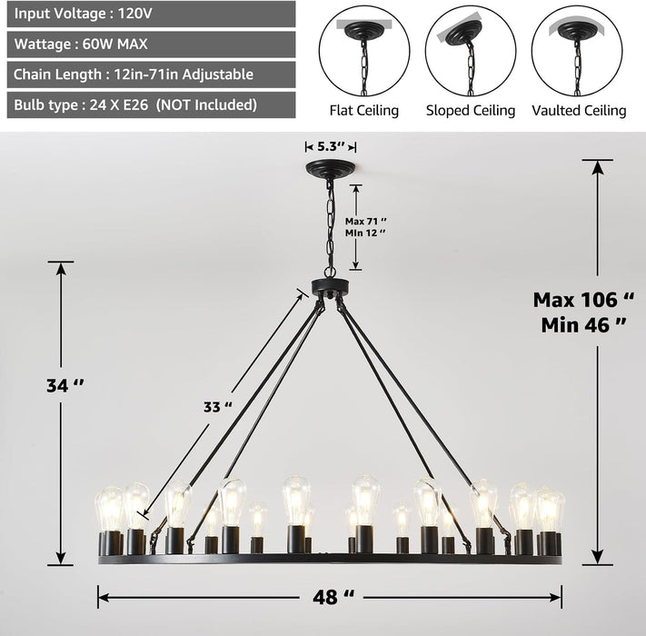 48-Inch Wagon Wheel Chandelier Black Outdoor Fixture