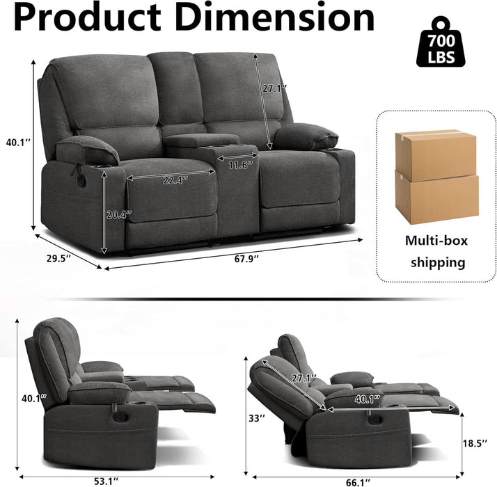 67.9" RV Loveseat Recliner Double Recliner RV Sofa, Wall Hugger Reclining RV, Manual Reclining Sofa, RV Theater Seats, Home Theater Seating, RV Theater Seating, RV Furniture, Dark Gray