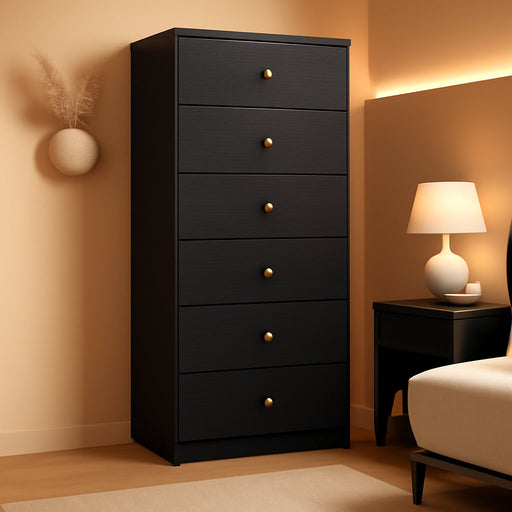 Modern 6 Drawer Vertical Dresser, Wood Tall Chest of Drawers N Arrow Storage Organizer with Wide Drawers & Metal Gold Handles for Bedroom, Living Room, Office, Hallway, Entryway (Black)