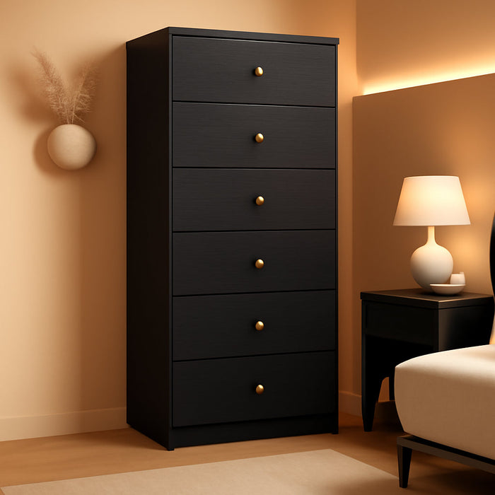 Modern 6 Drawer Vertical Dresser, Wood Tall Chest of Drawers N Arrow Storage Organizer with Wide Drawers & Metal Gold Handles for Bedroom, Living Room, Office, Hallway, Entryway (Black)