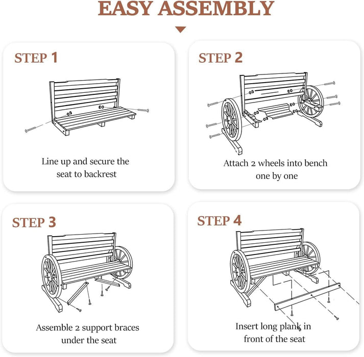 Outdoor Rustic Wooden Bench with Wagon Wheel Arms, 3 People Outdoor Bench Garden Bench Front Porch Furniture Patio Lawn Yard Park, Indoor and Ourdoor Decor