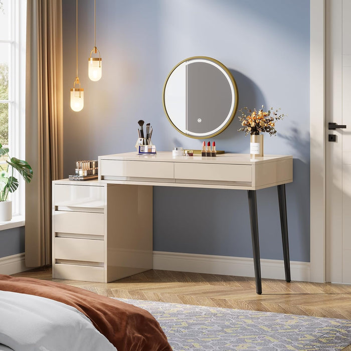 Vanity Desk with 5 Drawers, Makeup Table with Reversible Drawer Cabinet Printer Stand, Modern Computer Desk Dressing Table for Bedroom Office, Gloss Beige (No Mirrors)