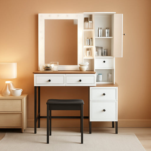 Farmhouse Makeup Vanity Desk With Illuminated Mirror