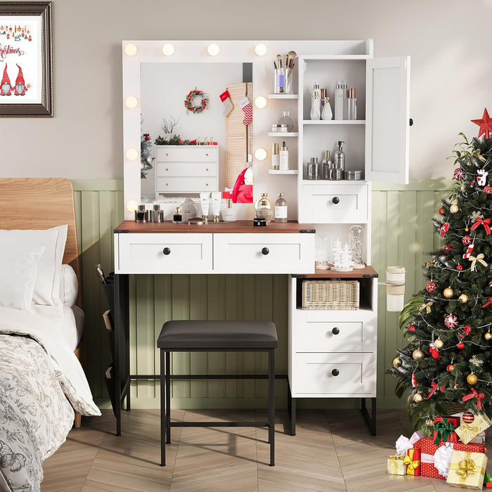 Farmhouse Makeup Vanity Desk With Illuminated Mirror