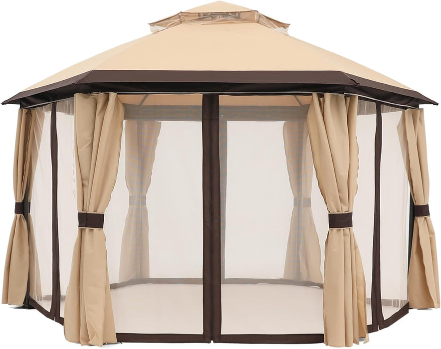 10'X10' Gazebos for Patios Outdoor Hexagonal Gazebo with Netting and Privacy Curtains Beige