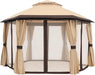 10'X10' Gazebos for Patios Outdoor Hexagonal Gazebo with Netting and Privacy Curtains Beige