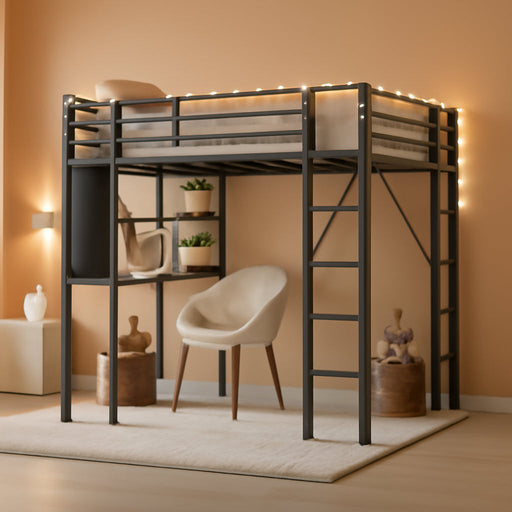 Loft Bed with Desk, Metal Loft Bed Twin Size with 2 Built-In Ladders, with Safety Guard,Space-Saving Bed Frame, Noise Free for Small Bedroom, Black (Twin Size)