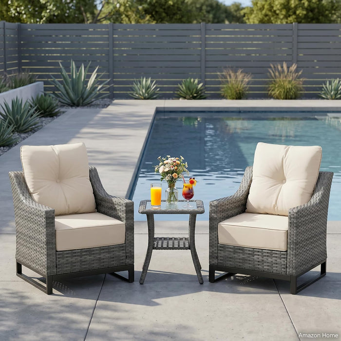 3 Pack Patio Furniture Set with 6" Thick Cushions,  Rattan Wicker Patio Set with Two Outdoor Chairs and Table, High Back Rattan Chair with Comfy Cushions for for Porch, Garden Poolside Balcon