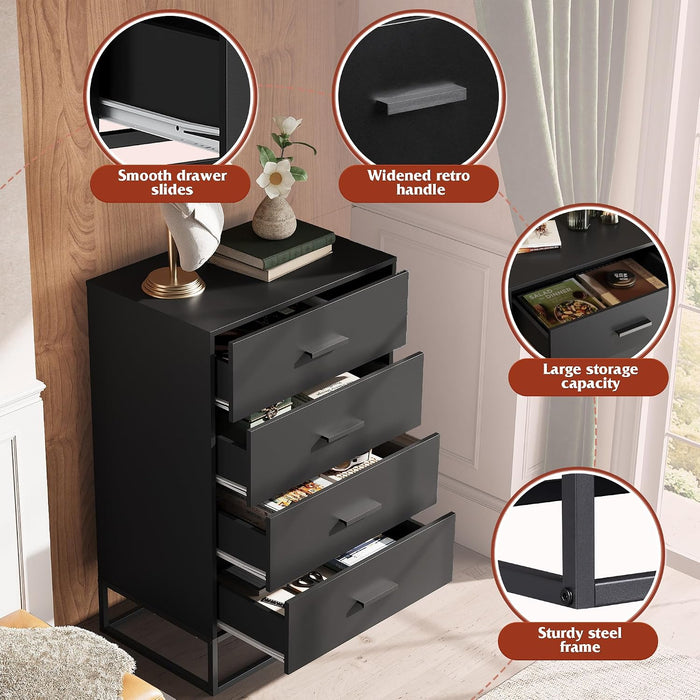 Black Dresser for Bedroom with 4 Drawers, Tall Dresser with Sturdy Metal Frame, Wood Chest of Drawers for Closet, Living Room, Hallway