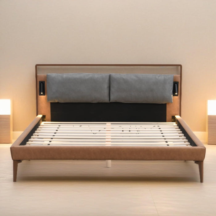 Upholstered Headboard Brown Bed Frame with Gray Leather Headboard Solid Wood Bed Frame with Integrated Night Lights, Wooden Slats, No Box Spring Needed Platform Bed, Queen