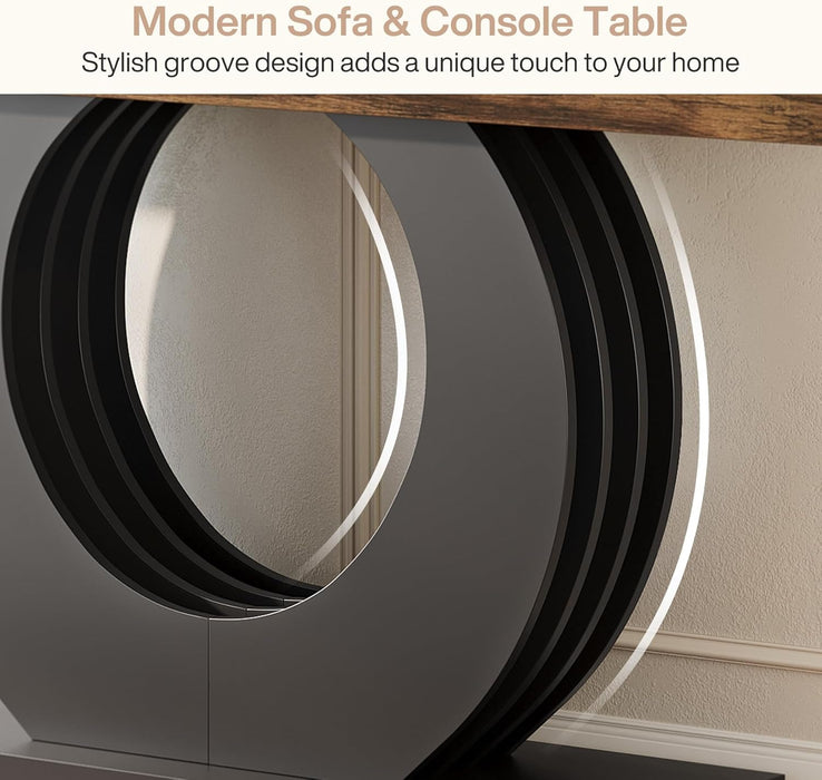 63-Inch Console Sofa Table, Rustic Industrial Farmhouse Entryway Table, Narrow Long Couch Console behind Sofa with Black Circle Base for Living Room Hallway, Rustic Brown