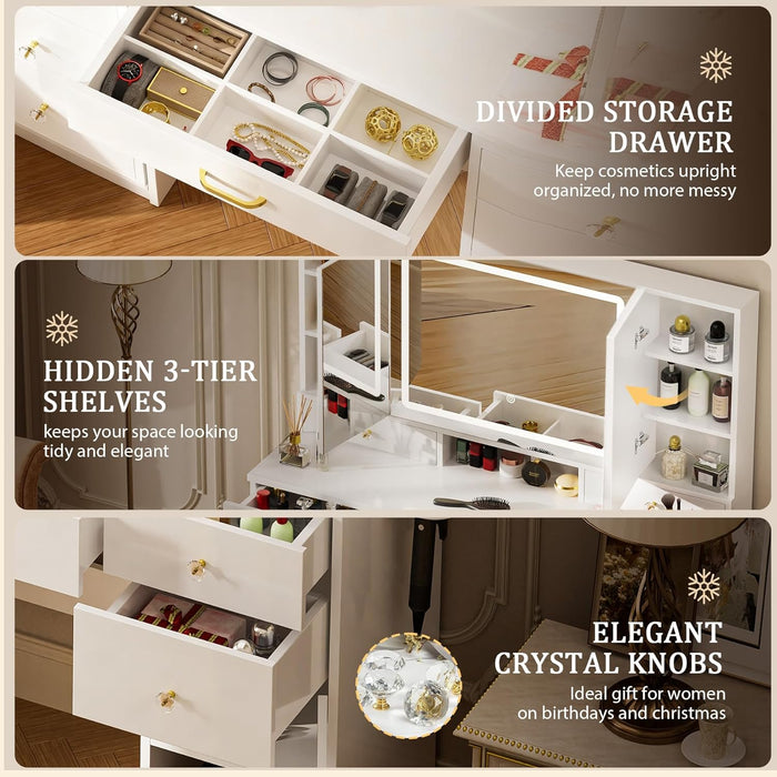 Makeup Vanity Desk with Lights & 3 Way Mirror, Large Girls Vanity Table Set with Charging Station, 3 Lighting Modes & 360° View Mirror, 9 Drawers Dresser for Bedroom, White