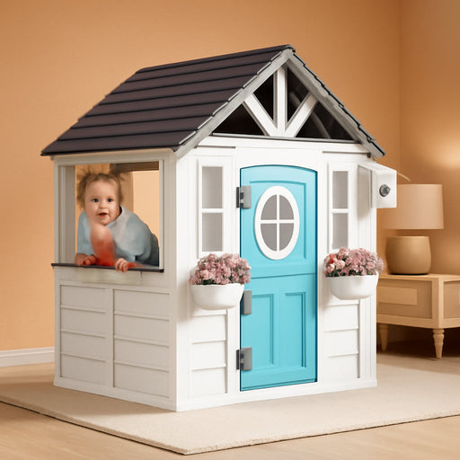 Wooden Kids Playhouse with Kitchen Sink, Mailbox & Working Doorbell, Outdoor Toddler Play House with Dutch Door, Dog Door & Accessories for Backyard, Pretend Market & Holiday Fun