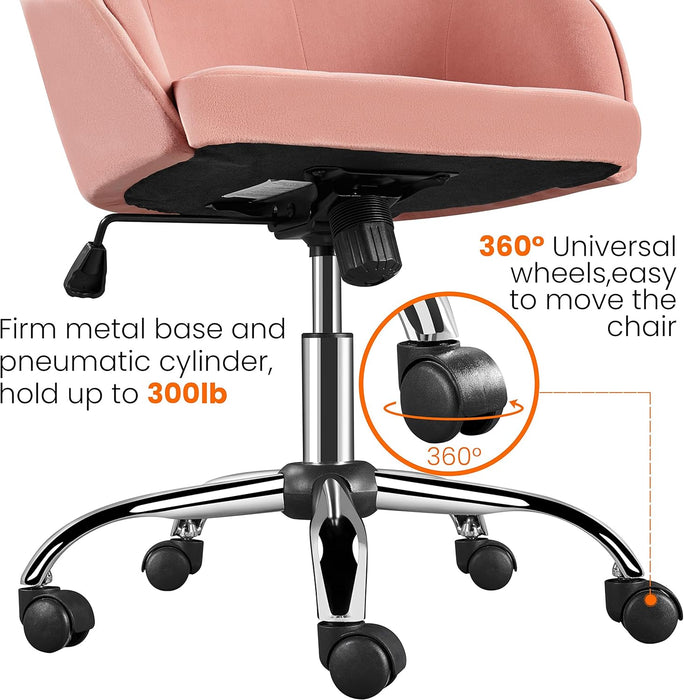 Comfy Desk Chair Cute Office Chair Pink Velvet Desk Chair Makeup Chair Vanity Chair with Back, Modern Swivel Computer Chair Accent Chair for Bedroom