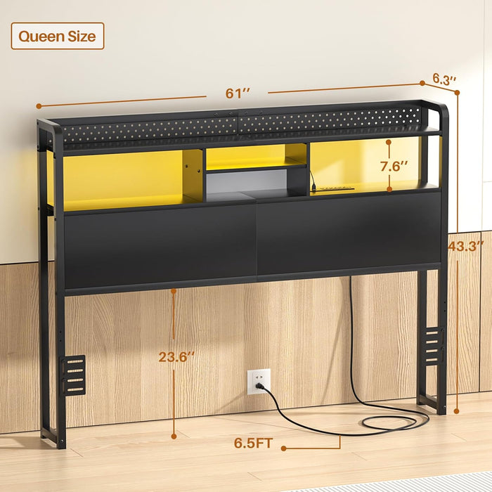 Headboard for Queen Size Bed with Storage Shelf, Head Board with 3 Outlets and 2 USB Ports, Headboards with RGB LED Light, Height Adjustable, Sturdy and Stable, Easy Assembly, Black