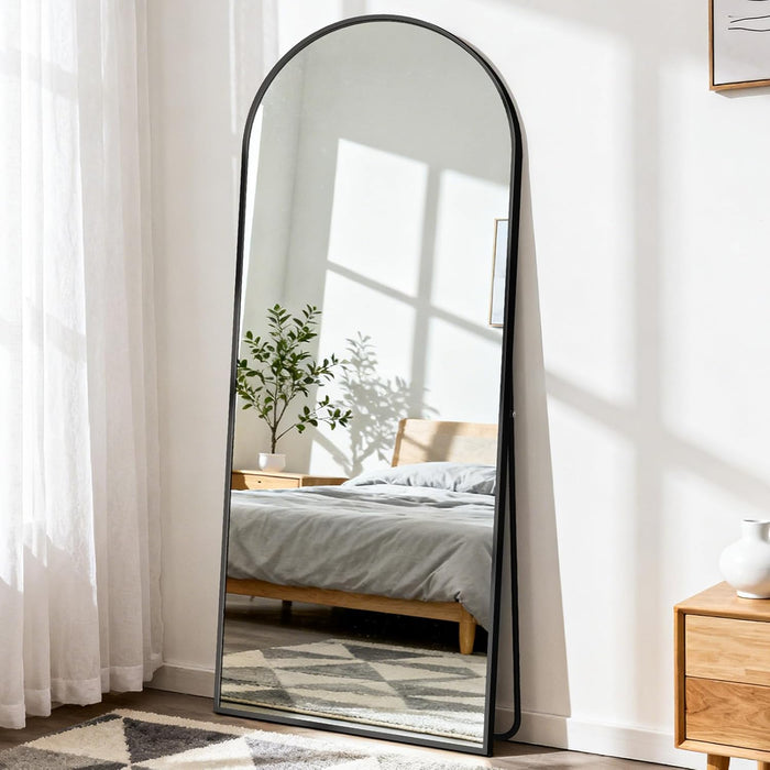 Arched Full Length Mirror with Stand Floor Standing Aluminum Frame for Bedroom Body Hanging Leaning Modern Simple Home Decor Shatter-Proorf Nano Glass Wall Living Room Cloakroom Black 56"X21"