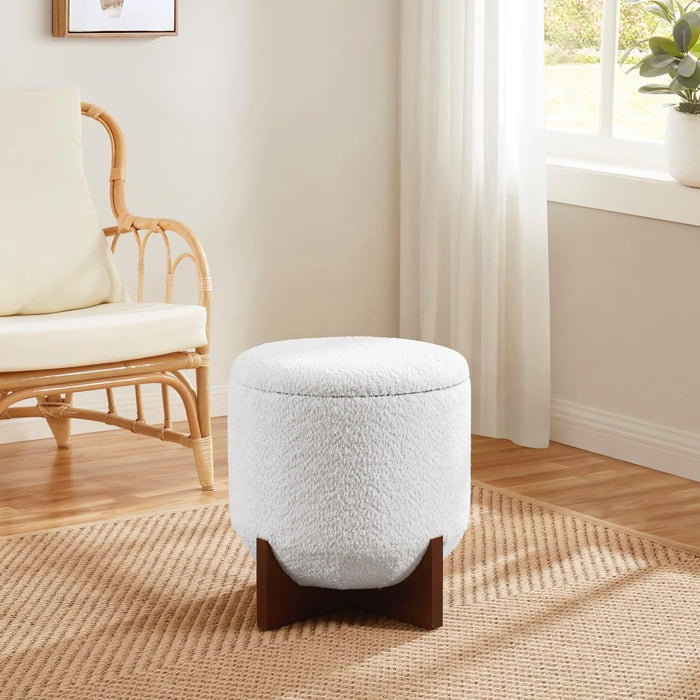 Decor round Ottoman with Storage, Boucle White Teddy round Vanity Chair Stool Ottoman Pouf with Storage for Living Room and Bedroom