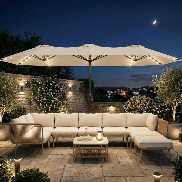 15FT Large Outdoor Patio Umbrella with Solar Lights and Base, Double-Sided Table Umbrellas with 48 LED Lights, Rectangle Market Umbrella for Pool, Deck, Backyard