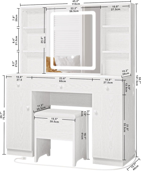 Vanity Desk Set with Large LED Lighted Mirror & Power Outlet, 7 Drawers Vanities Dressing Makeup Table with Storage Bench, for Bedroom, Industrial Style White