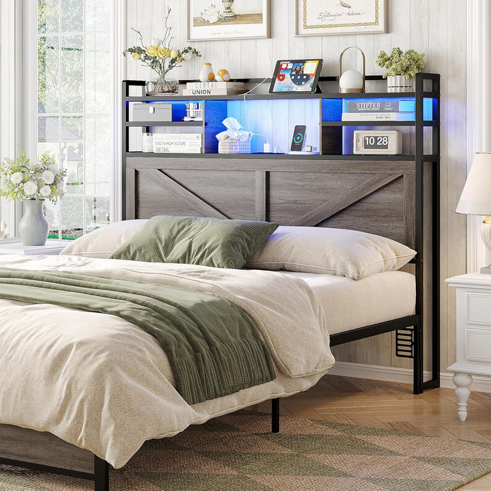 Headboard for Queen Size Bed with Storage, Headboards with Power Outlets and RGB LED Light, Sturdy Queen Size Headboard, Stable Head Board with Bed Adapter for Bedroom/Dorm/Guest Room