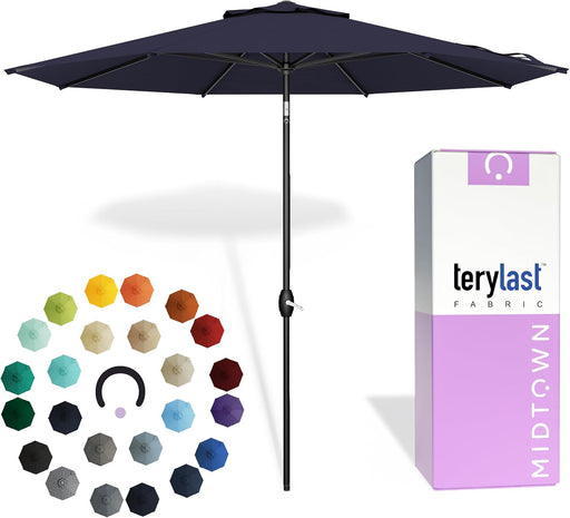 - 10-Year-No-Fade 9 Ft Patio Umbrella with Terylast Fabric, Auto-Tilt Aluminum Frame and 8 Reinforced Ribs for Deck, Pool, Garden & Beach - Navy Blue Canopy, Black Pole