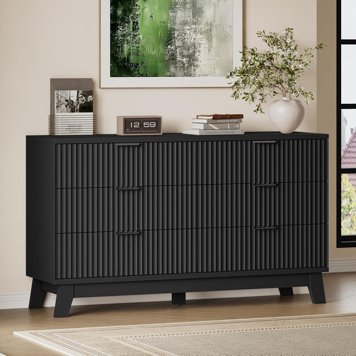 53" Long Dresser for Bedroom, 6-Drawer Dresser with Fluted Fronts, Wide Wood Chest of Drawers, Smooth Metal Slides, Stable Base, Modern Clothes Storage Cabinet for Living Room, Hallway